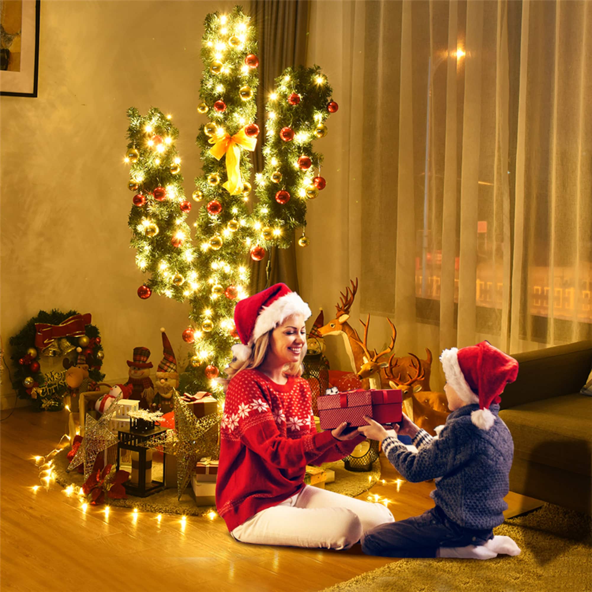 Costway 6ft. Pre-Lit Cactus Artificial Christmas Tree, Warm White LED Lights & Ball Ornaments
